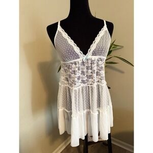 Gilligan & O'Malley White Lace Babydoll Lingerie Sheer Mesh Ruffle Hem M Bridal